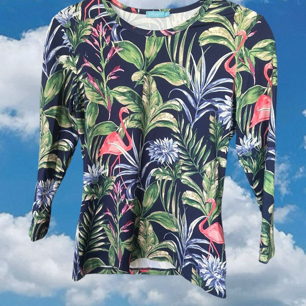 J McLaughlin Womens Top XS Catalina Cloth Button Front  Flamingo Palm Leaves